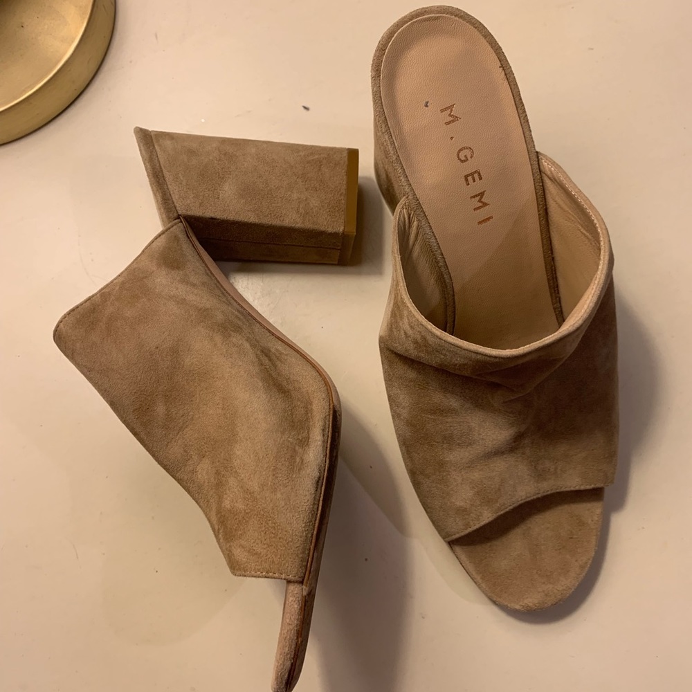 Tan M. Gemi suede heeled mules